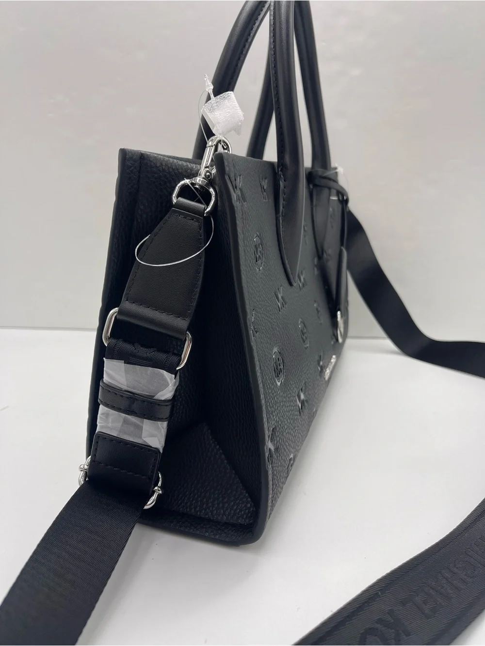 MICHAEL KORS Mirella Md EW Top Zip Logo Debossed Satchel Shoulder Tote Black NWT